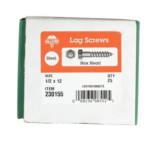 Hillman Lag Screw, 1/2 in, 12 in, Zinc Plated Hex Hex Drive 5324074